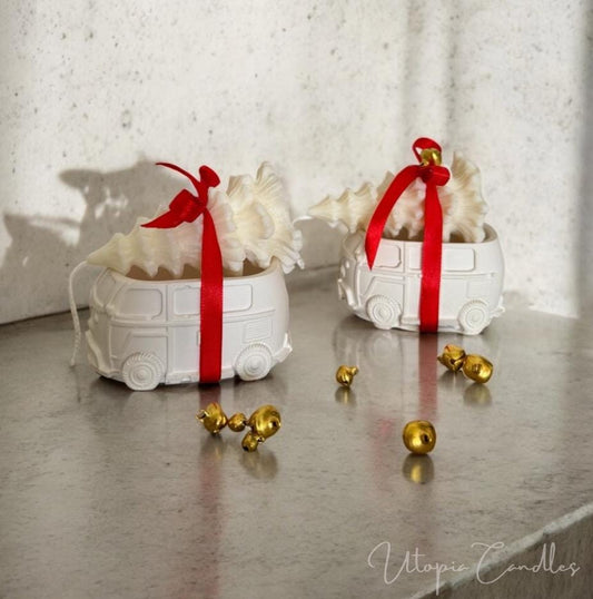 concrete camper van with Christmas tree candle on top | Christmas tree | camper van | candles